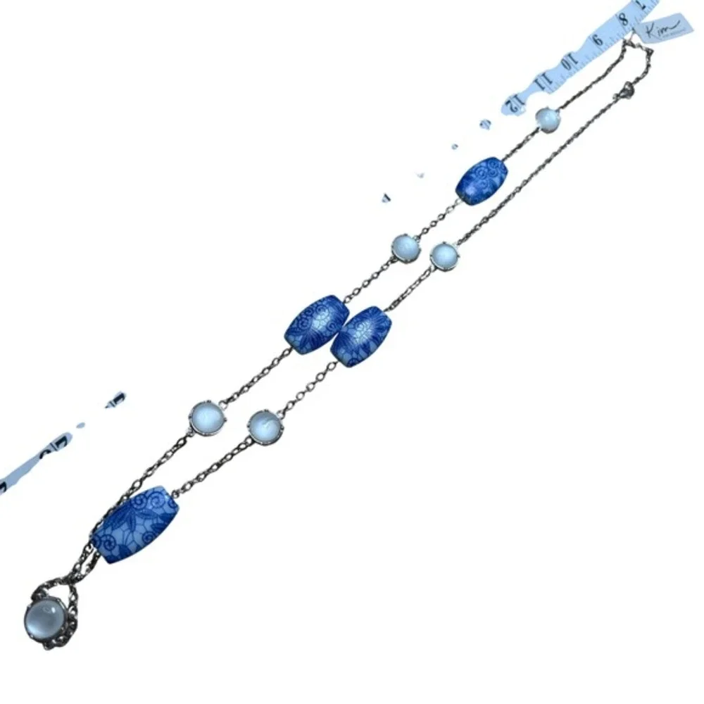 Kim Rogers Long‎ Chain Necklace Blue White Floral Beads Silver Tone Cabochon